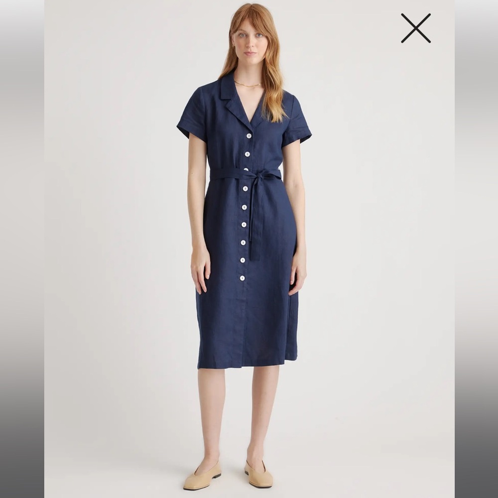 Quince 100% European Linen Button Front Dress - Deep Navy